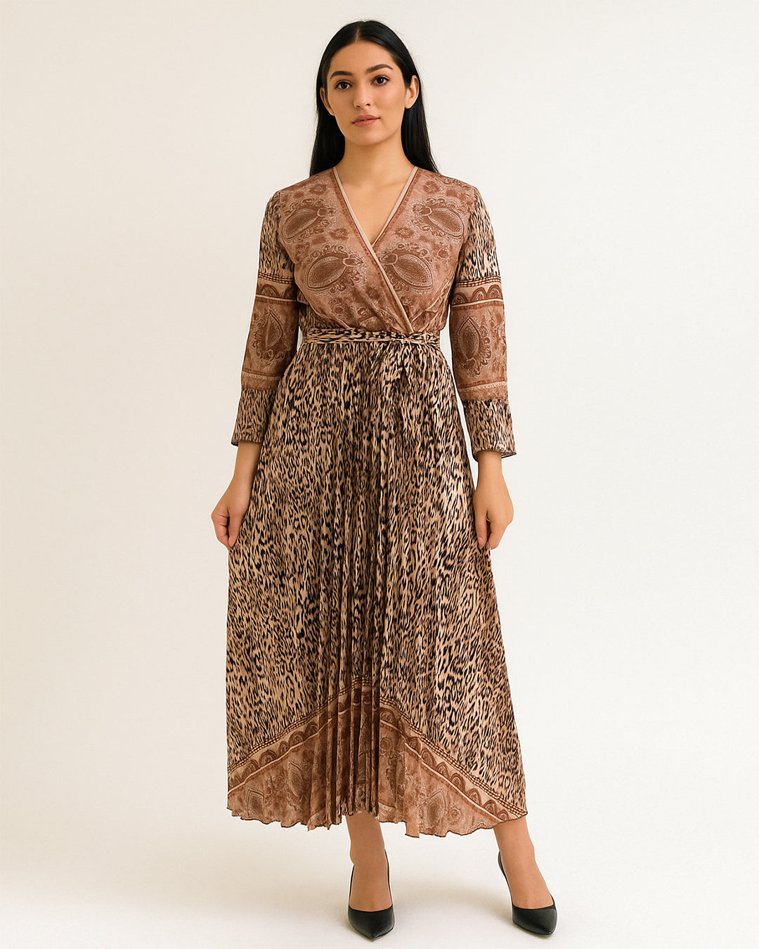 Brown Paisley & Leopard Print Pleated Maxi Dress