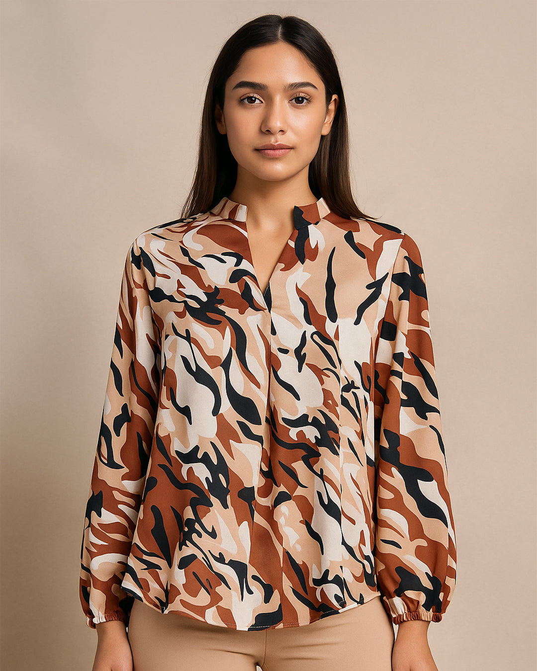 Brown Camo Print Long Sleeve Top