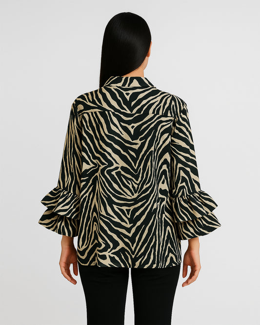 Black & Ivory Zebra Print Ruffle Sleeve Top