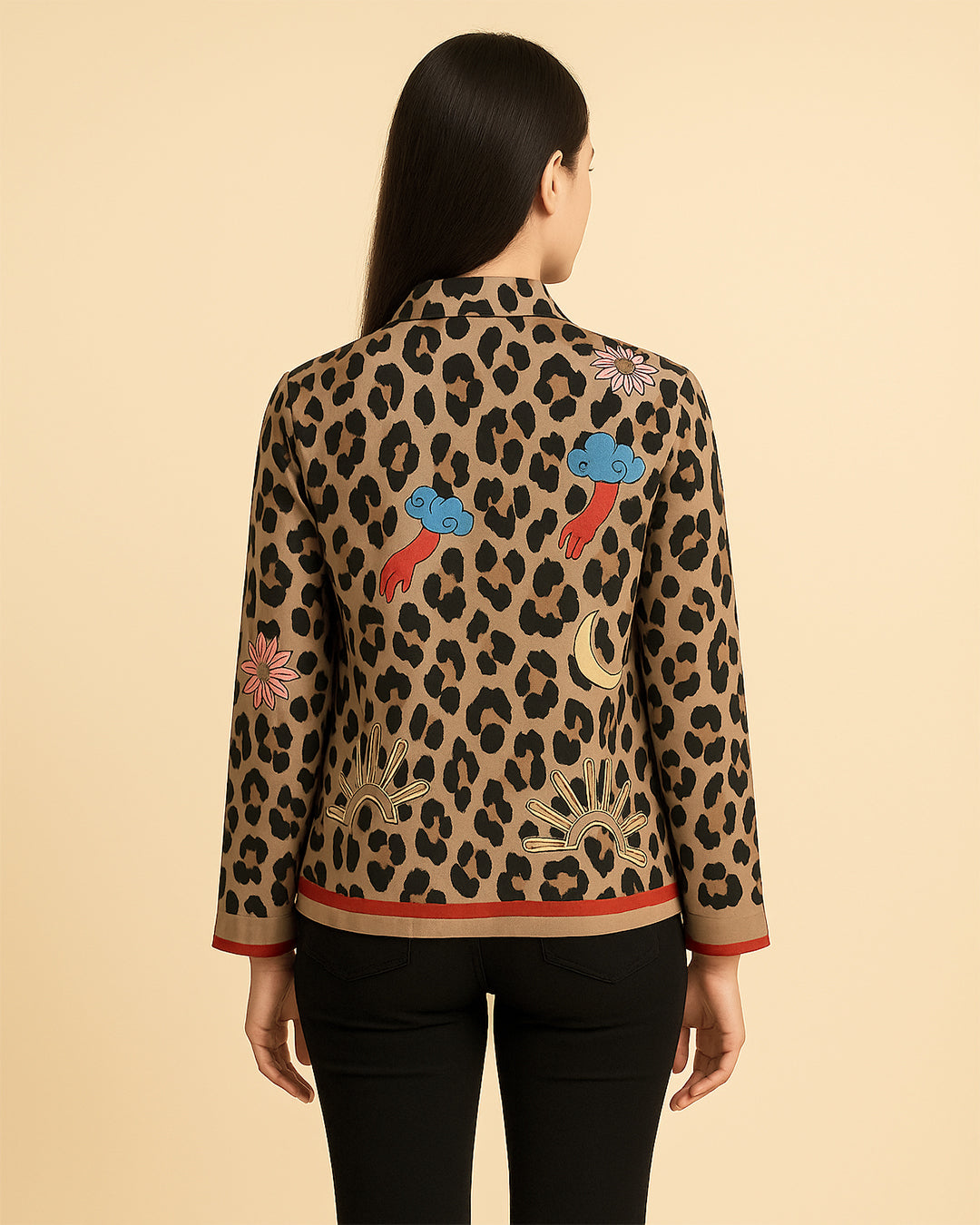 Leopard Print Embroidered Trim Shirt