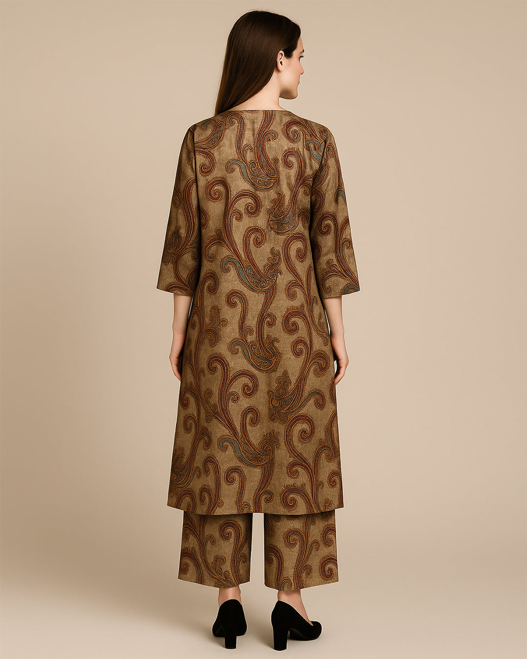 Brown Paisley Print Co-ord Set (3 Pc)