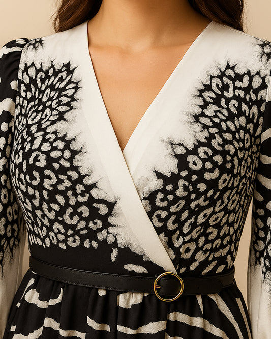 Black & White Wrap Midi Dress