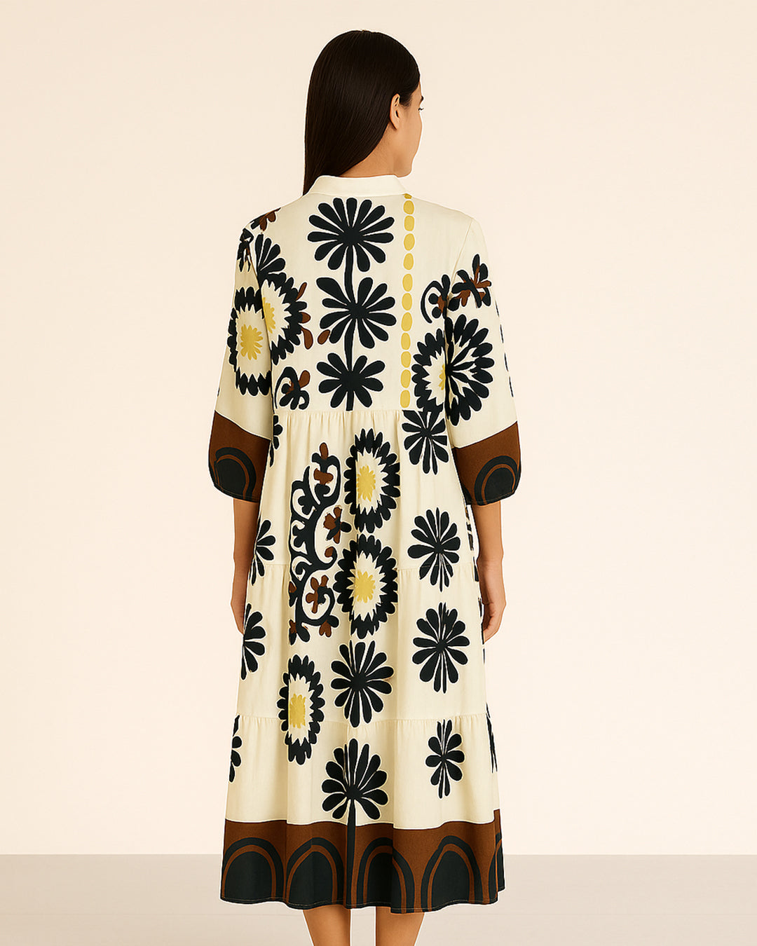Brown & Ivory Floral Geometric Print Maxi Dress