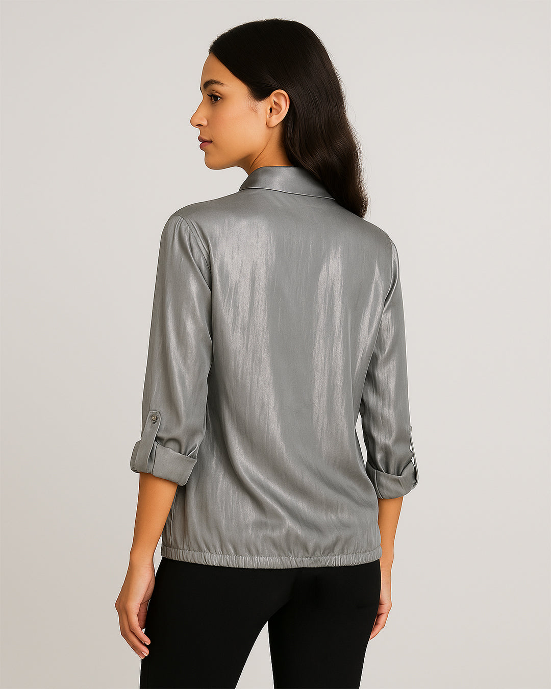 Grey Satin Shirt with Golden Leopard Print