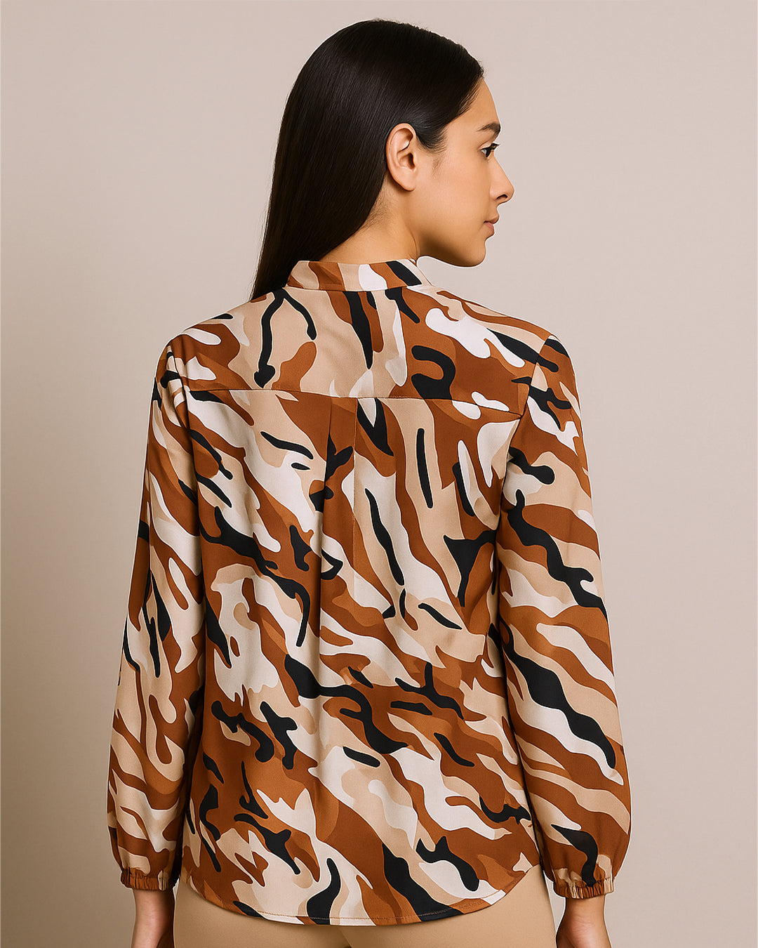 Brown Camo Print Long Sleeve Top