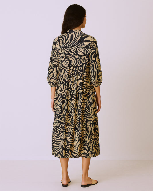 Beige & Black Floral Abstract Print Maxi Dress