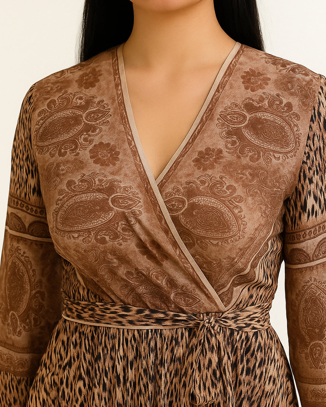 Brown Paisley & Leopard Print Pleated Maxi Dress
