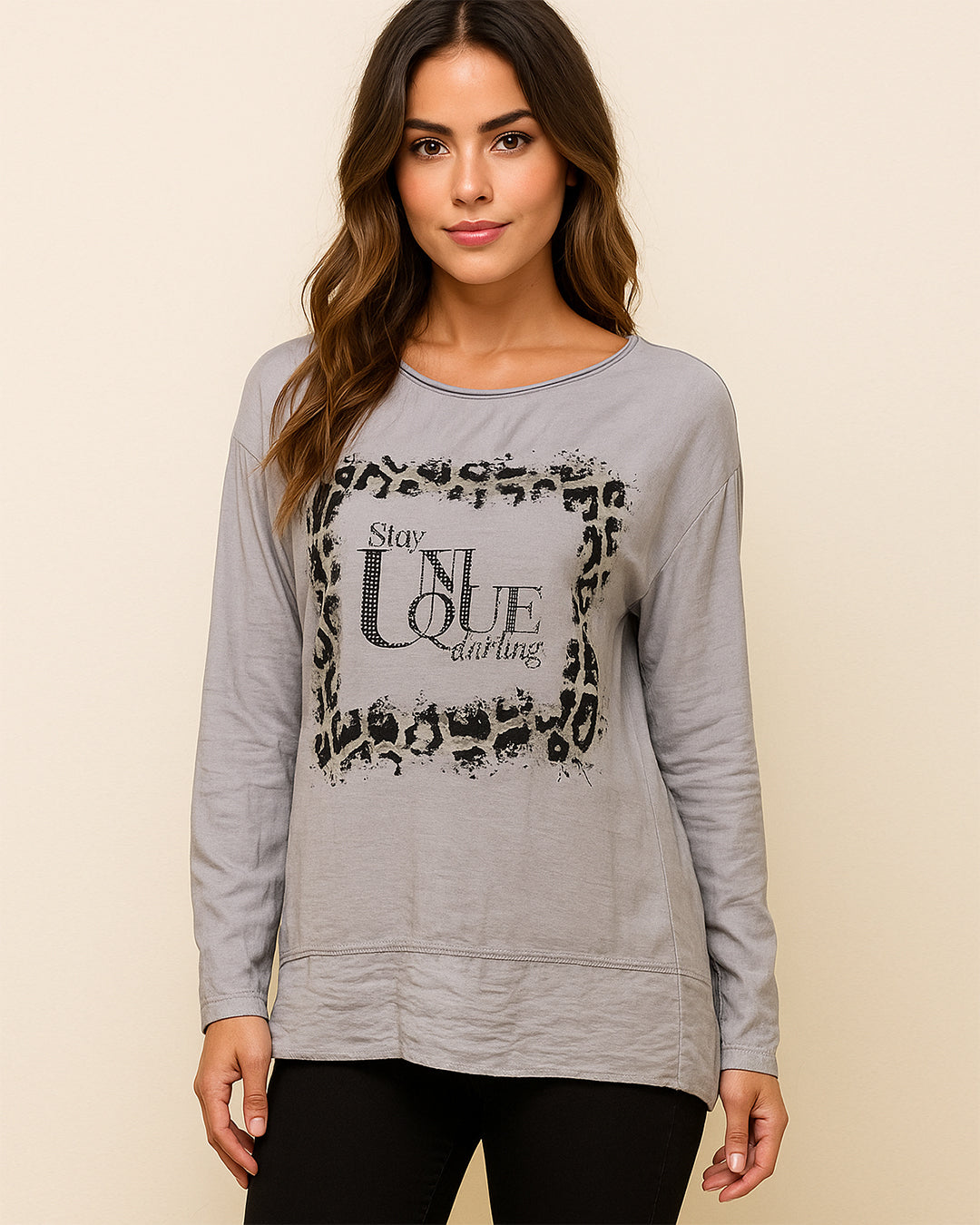 Grey “Stay Unique Darling” Graphic Long Sleeve T-Shirt