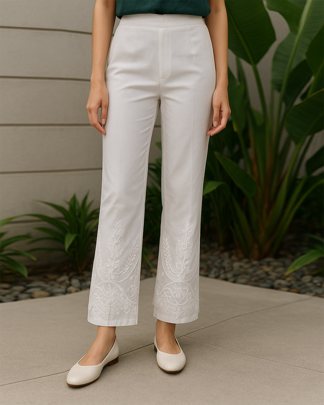 White Straight Pants with Intricate Embroidered Hem