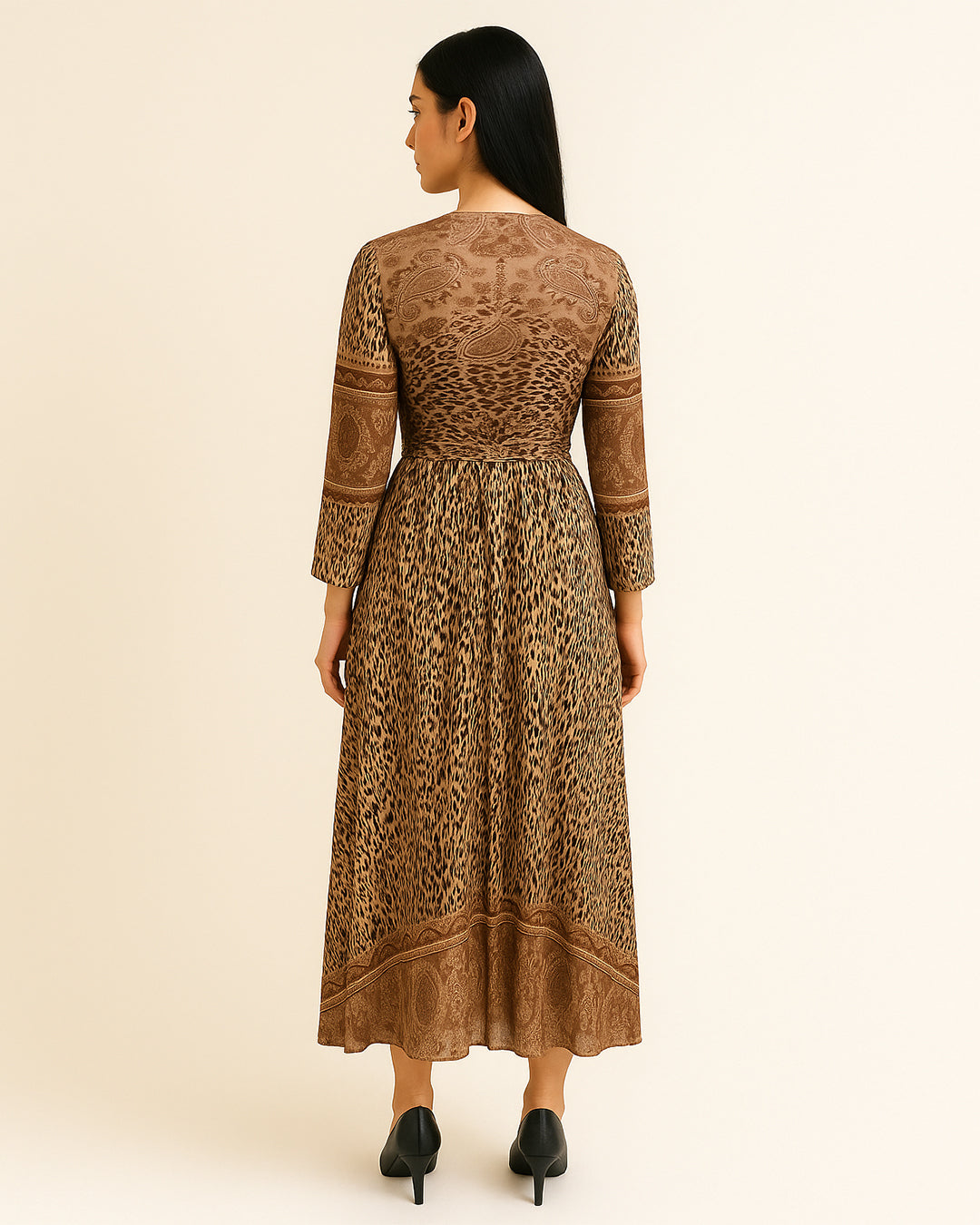 Brown Paisley & Leopard Print Pleated Maxi Dress