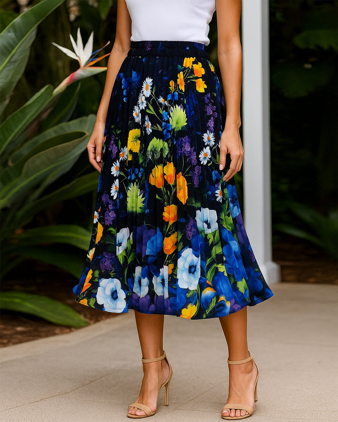 Floral Print Pleated Midi Skirt