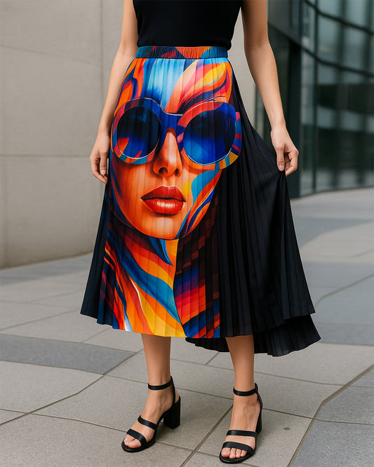 Pop Art Pleated Midi Skirt – Bold Multicolor Statement Piece