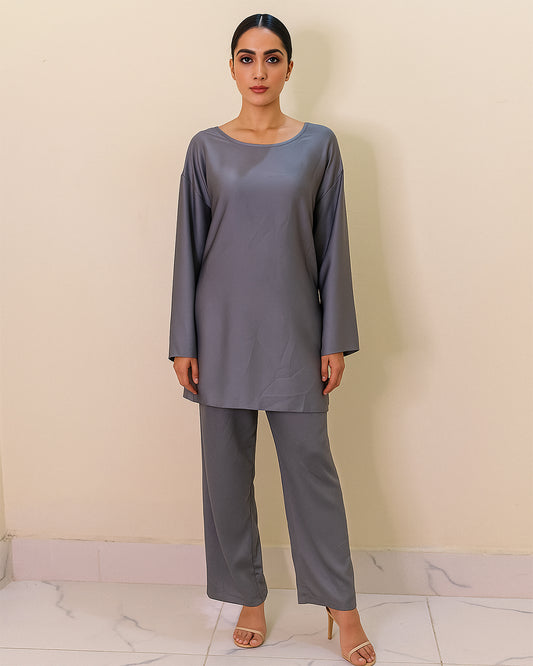 Solid Grey Satin Co-ord Set