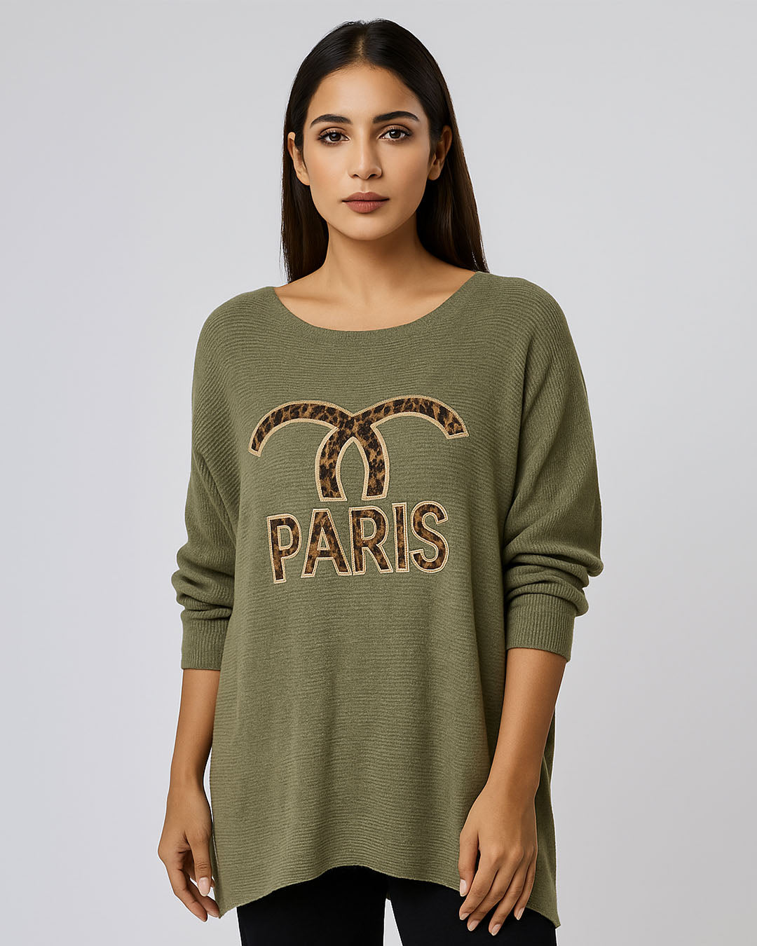 Paris Leopard Graphic Olive Sweater