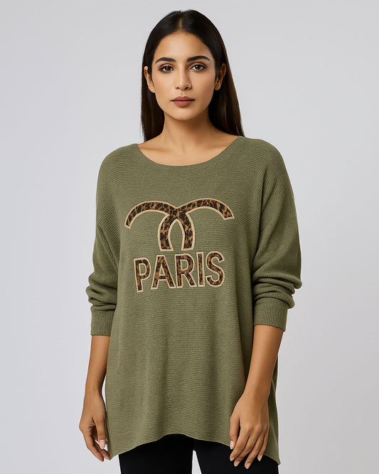 Paris Leopard Graphic Olive Sweater