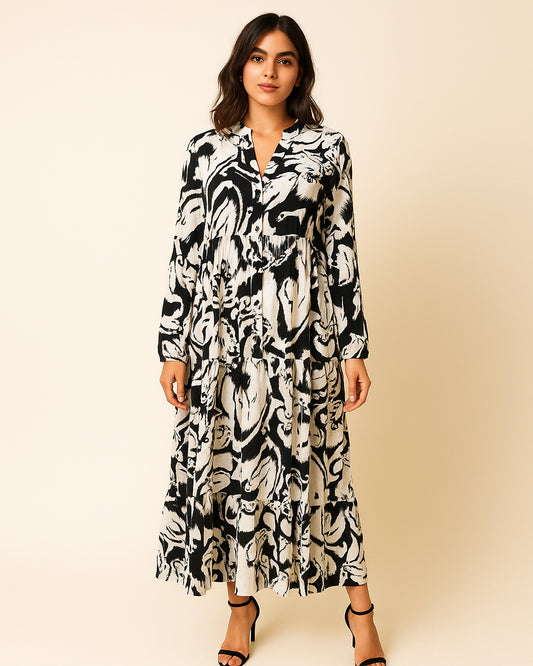 Black & White Abstract Print Maxi Dress