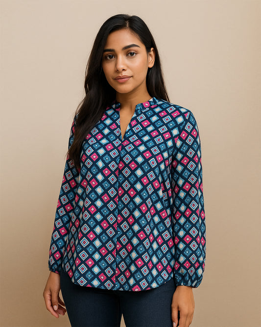 Navy Blue Geometric Print Long Sleeve Top