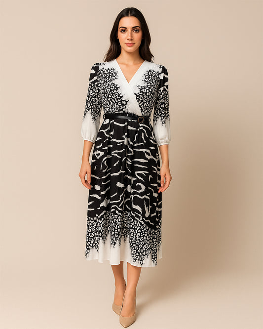 Black & White Wrap Midi Dress