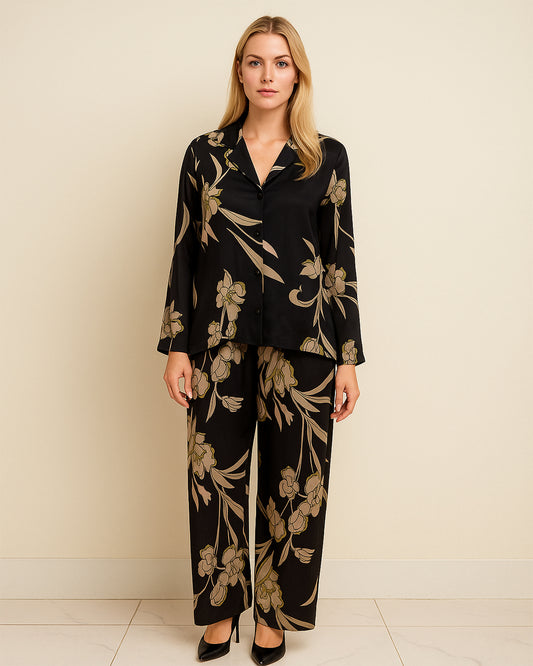 Black Satin Floral Co-ord Set