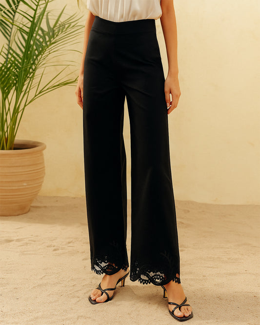 Black Wide-Leg Trousers with Lace Hem