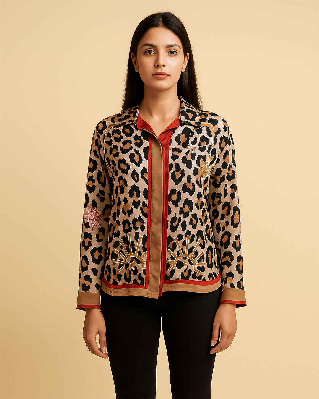 Leopard Print Embroidered Trim Shirt