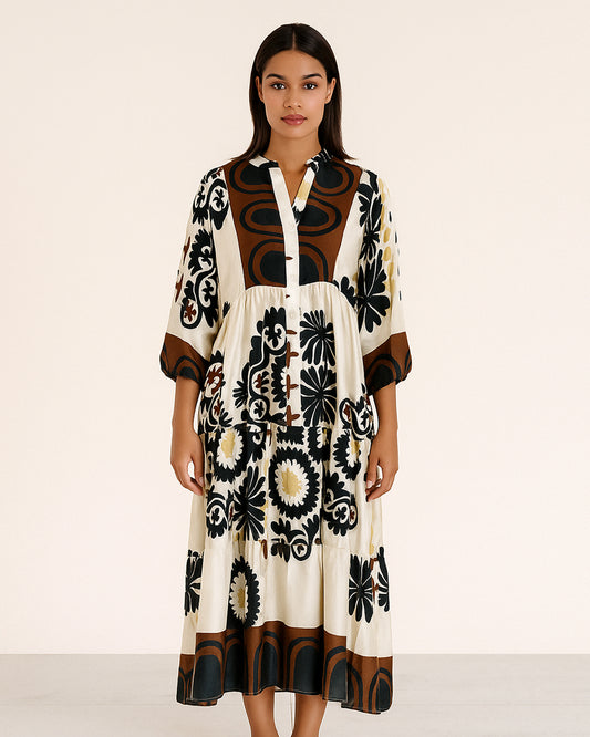 Brown & Ivory Floral Geometric Print Maxi Dress