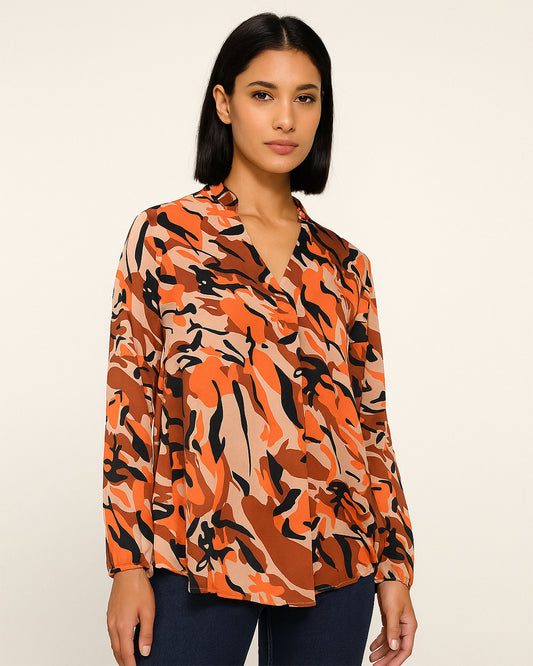 Orange & Brown Camo Print Long Sleeve Top