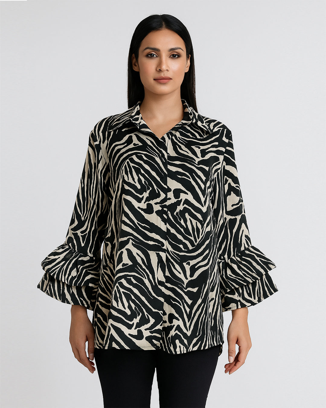 Black & Ivory Zebra Print Ruffle Sleeve Top