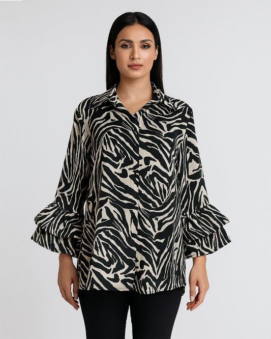 Black & Ivory Zebra Print Ruffle Sleeve Top