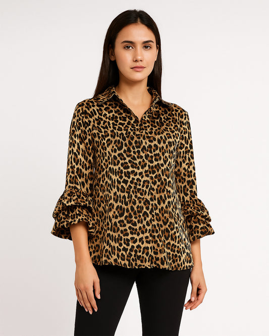 Leopard Print Ruffle Sleeve Top