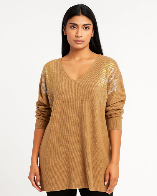 Camel Shimmer Shoulder Knit Sweater