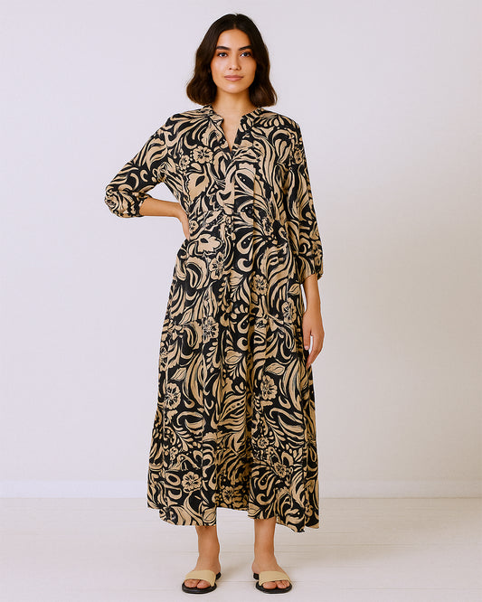 Beige & Black Floral Abstract Print Maxi Dress