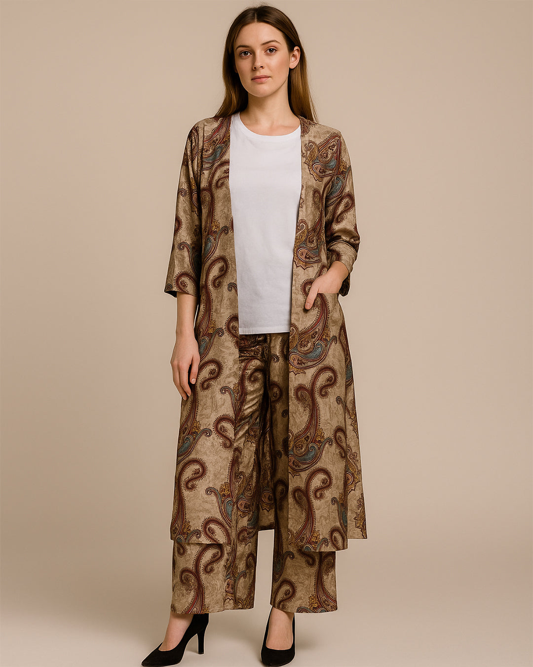 Brown Paisley Print Co-ord Set (3 Pc)
