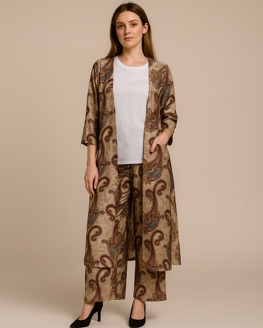 Brown Paisley Print Co-ord Set (3 Pc)