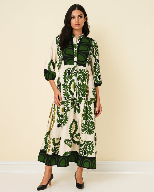 Green & Ivory Floral Geometric Print Maxi Dress