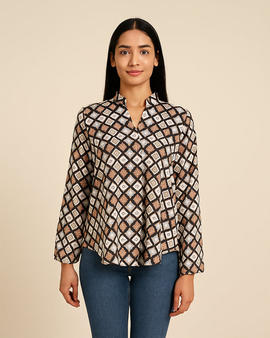 Brown & Black Geometric Diamond Print Long Sleeve Top