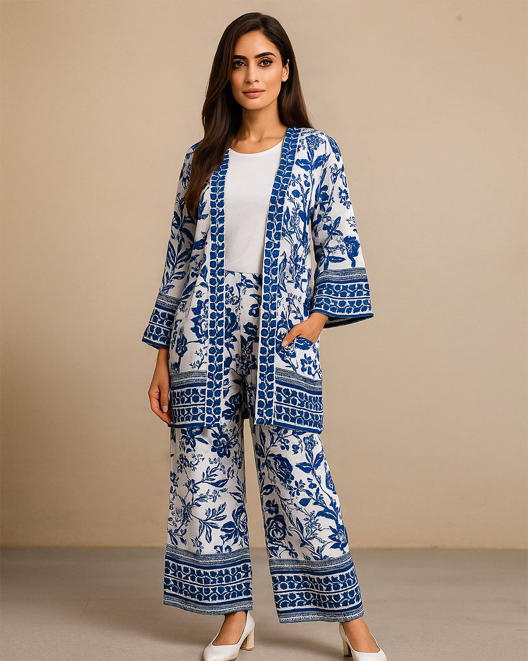Blue & White Floral Printed Co-ord Set (3 Pc)