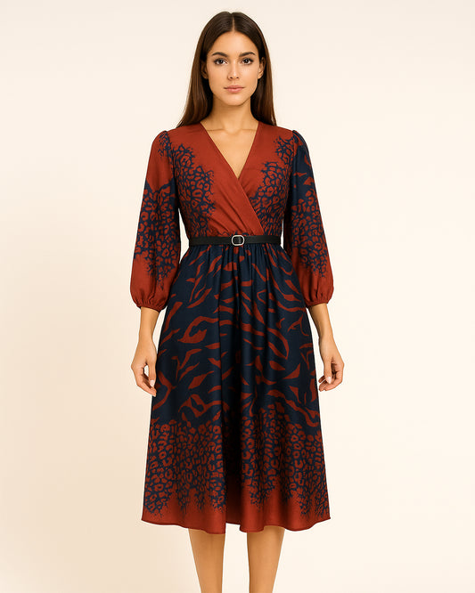 Rust & Black Animal Print Wrap Midi Dress