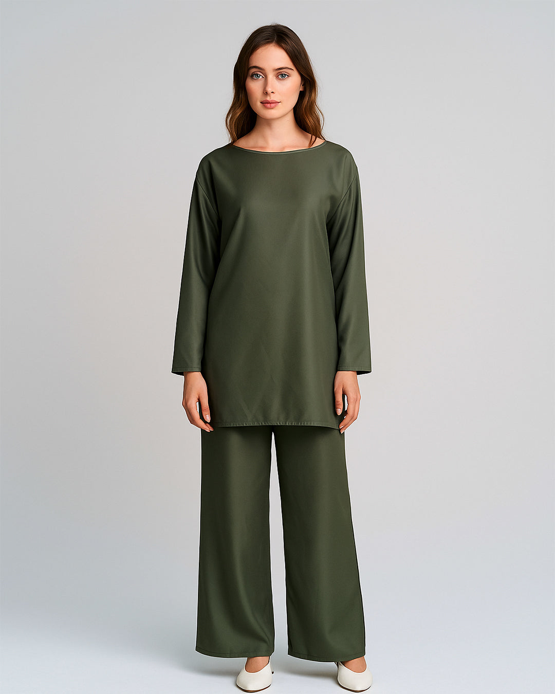 Solid Olive Green Satin Co-ord Set