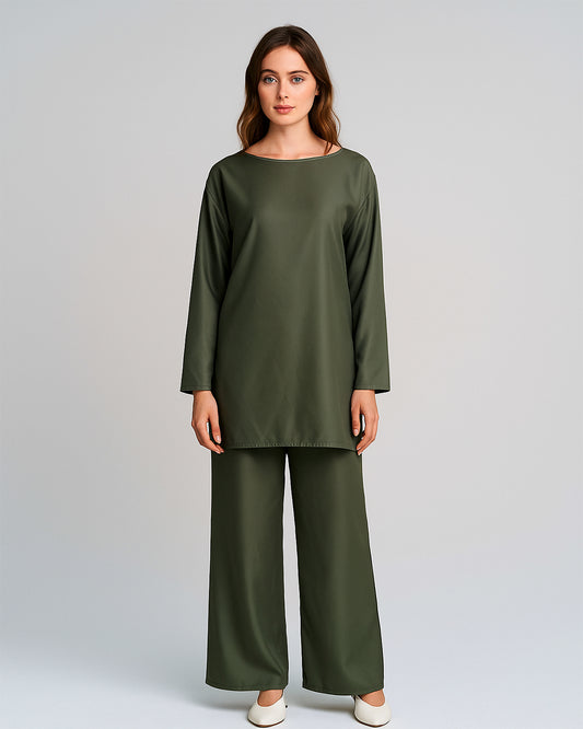 Solid Olive Green Satin Co-ord Set