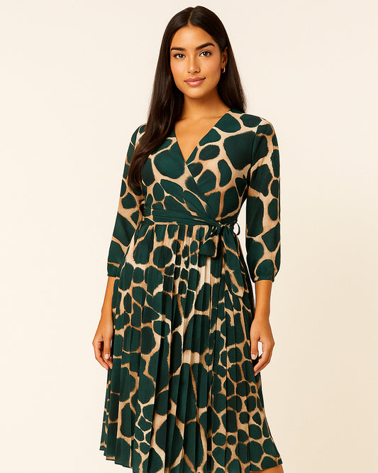 Emerald Green Animal Print Wrap Midi Dress