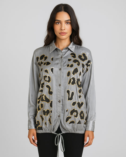 Grey Satin Shirt with Golden Leopard Print