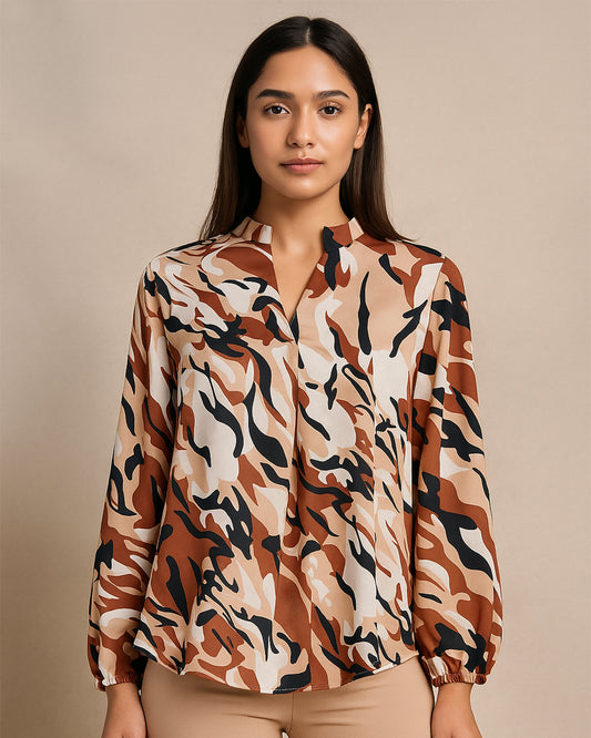 Brown Camo Print Long Sleeve Top