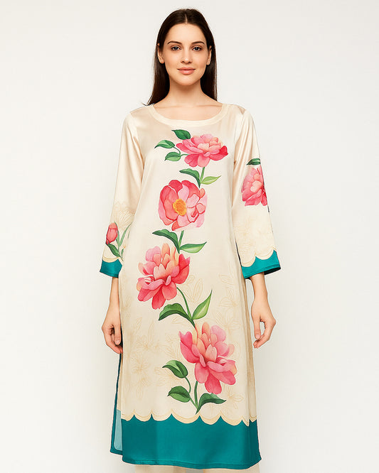 Ivory Silk Kurta with Pink Floral Print
