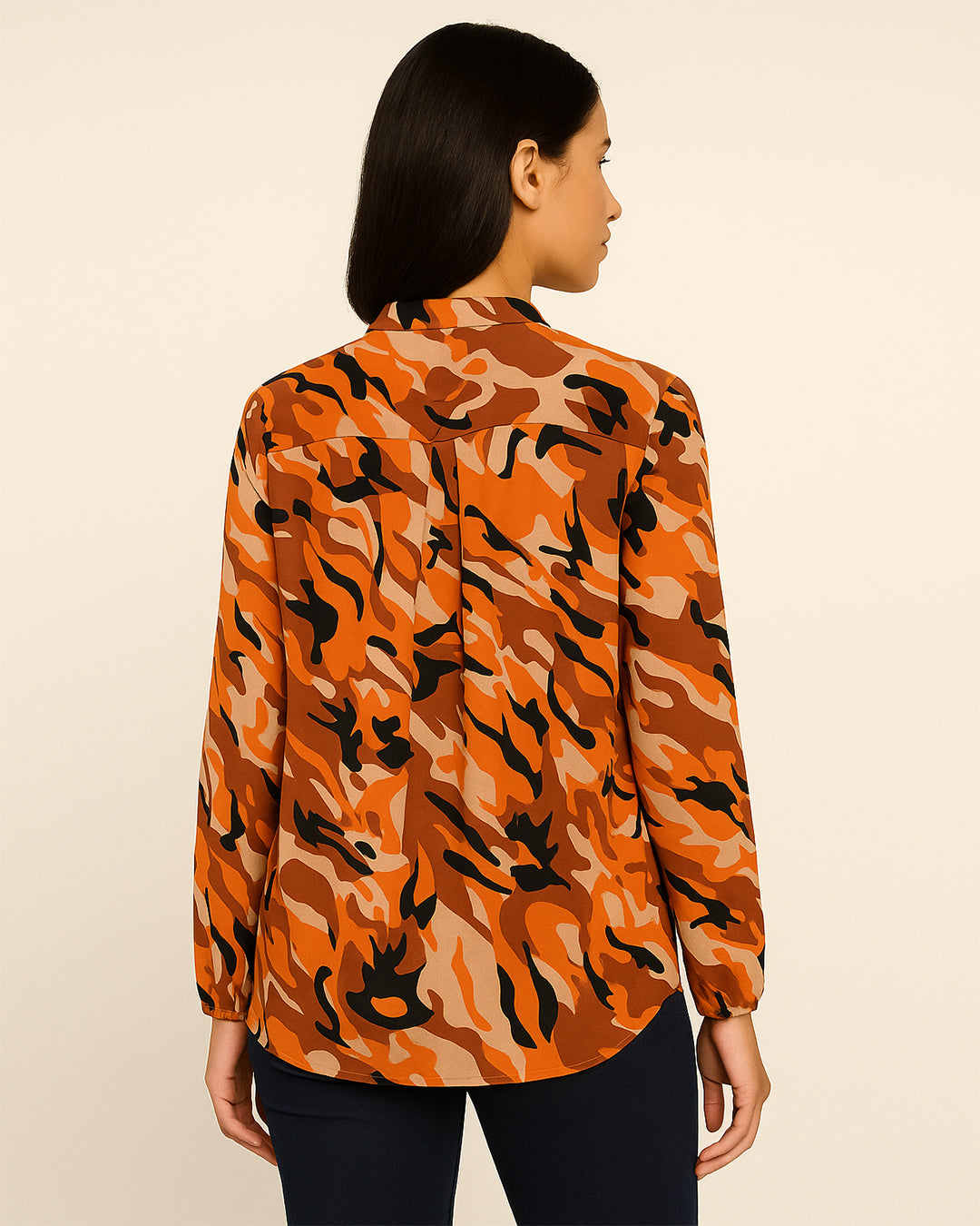 Orange & Brown Camo Print Long Sleeve Top