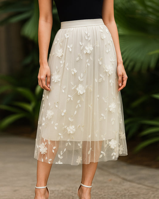 Ivory 3D Floral Embroidered Mesh Midi Skirt