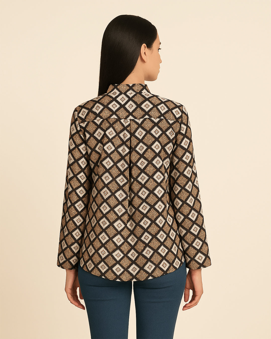 Brown & Black Geometric Diamond Print Long Sleeve Top
