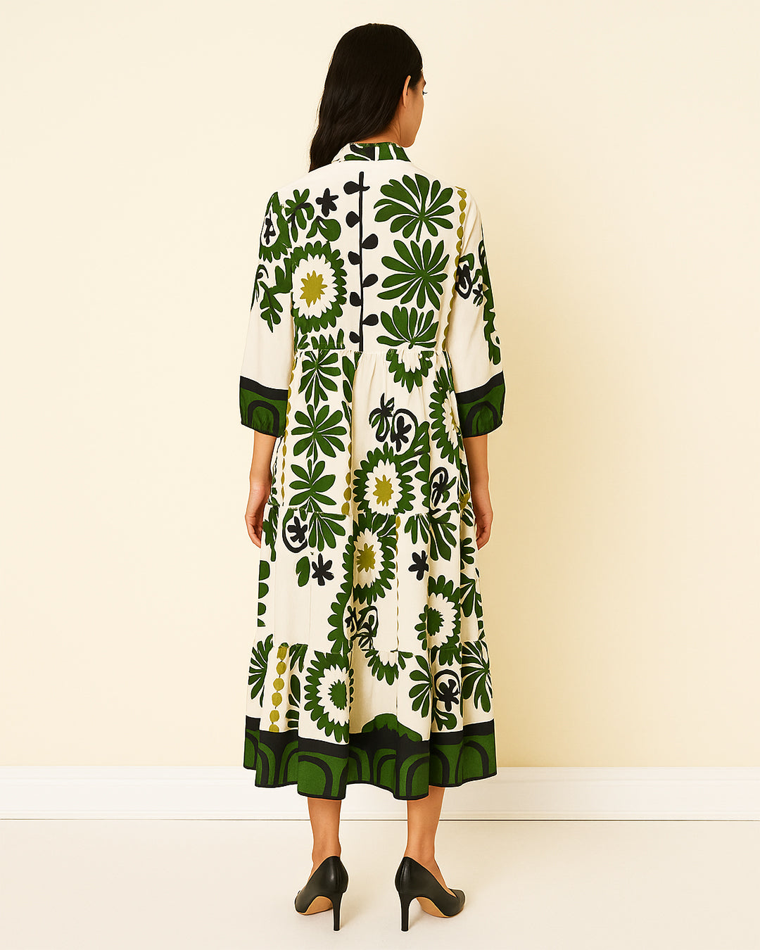 Green & Ivory Floral Geometric Print Maxi Dress