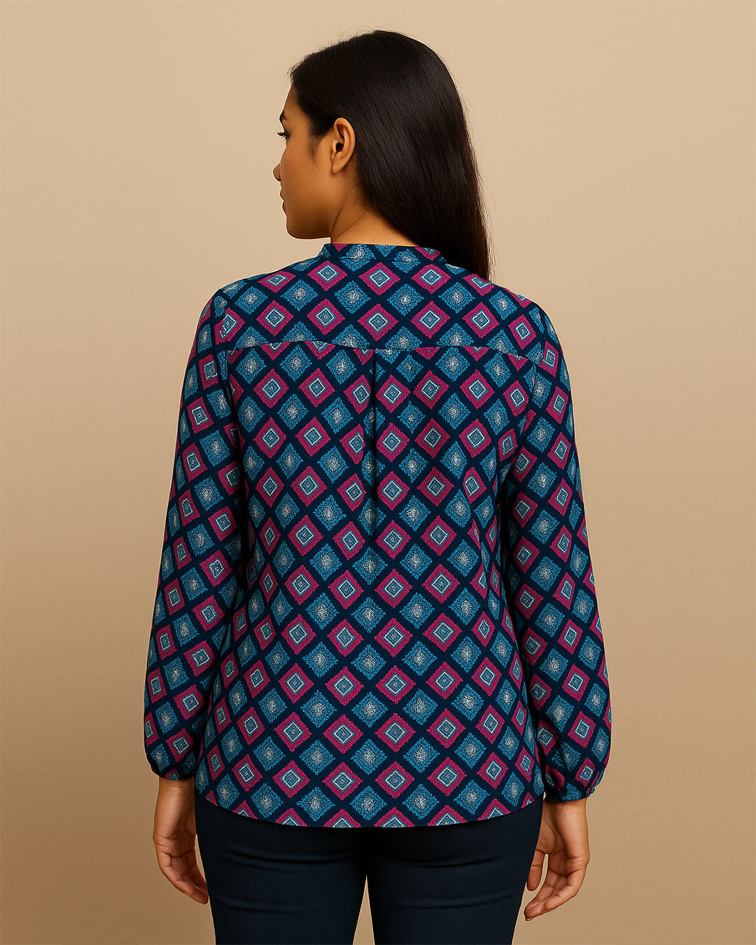 Navy Blue Geometric Print Long Sleeve Top