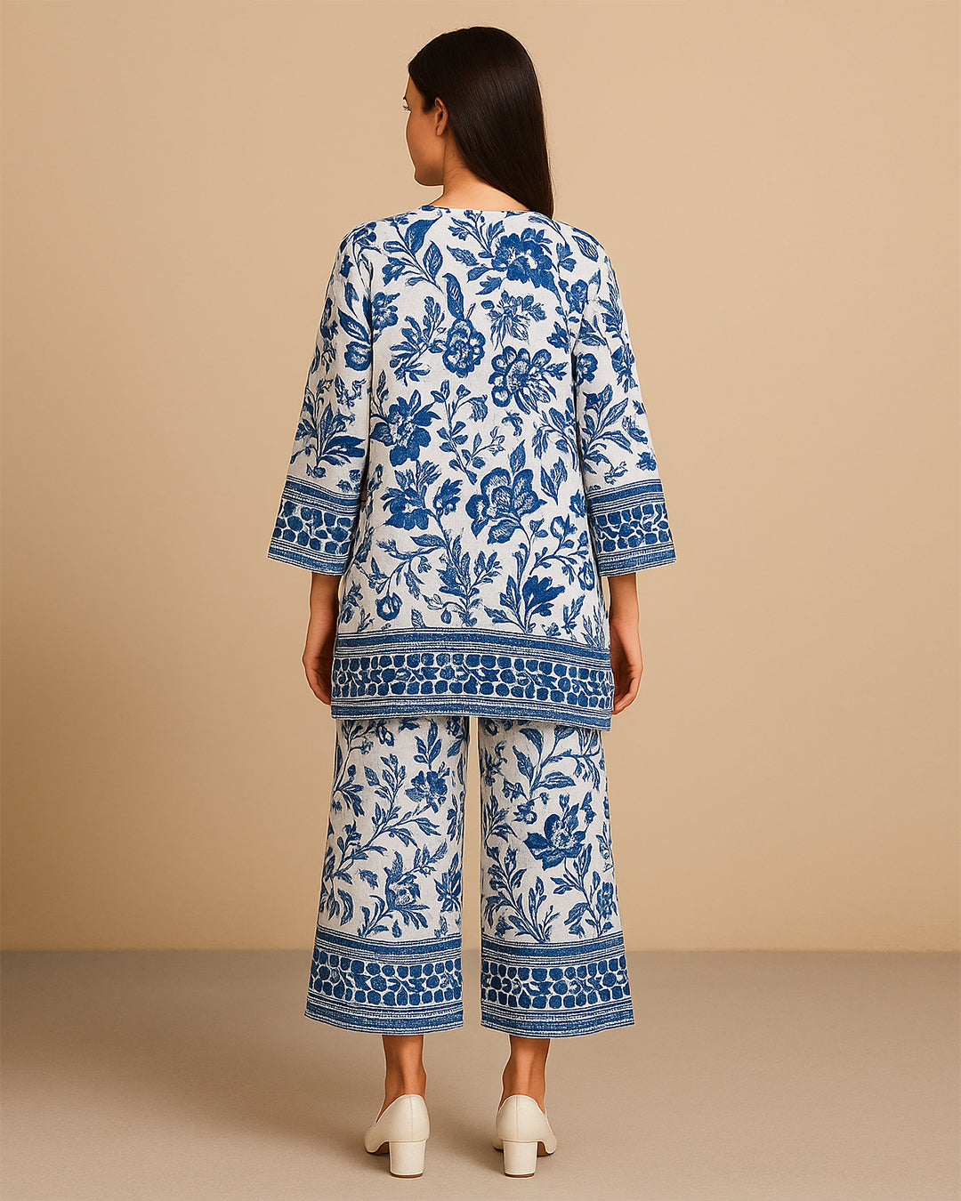 Blue & White Floral Printed Co-ord Set (3 Pc)